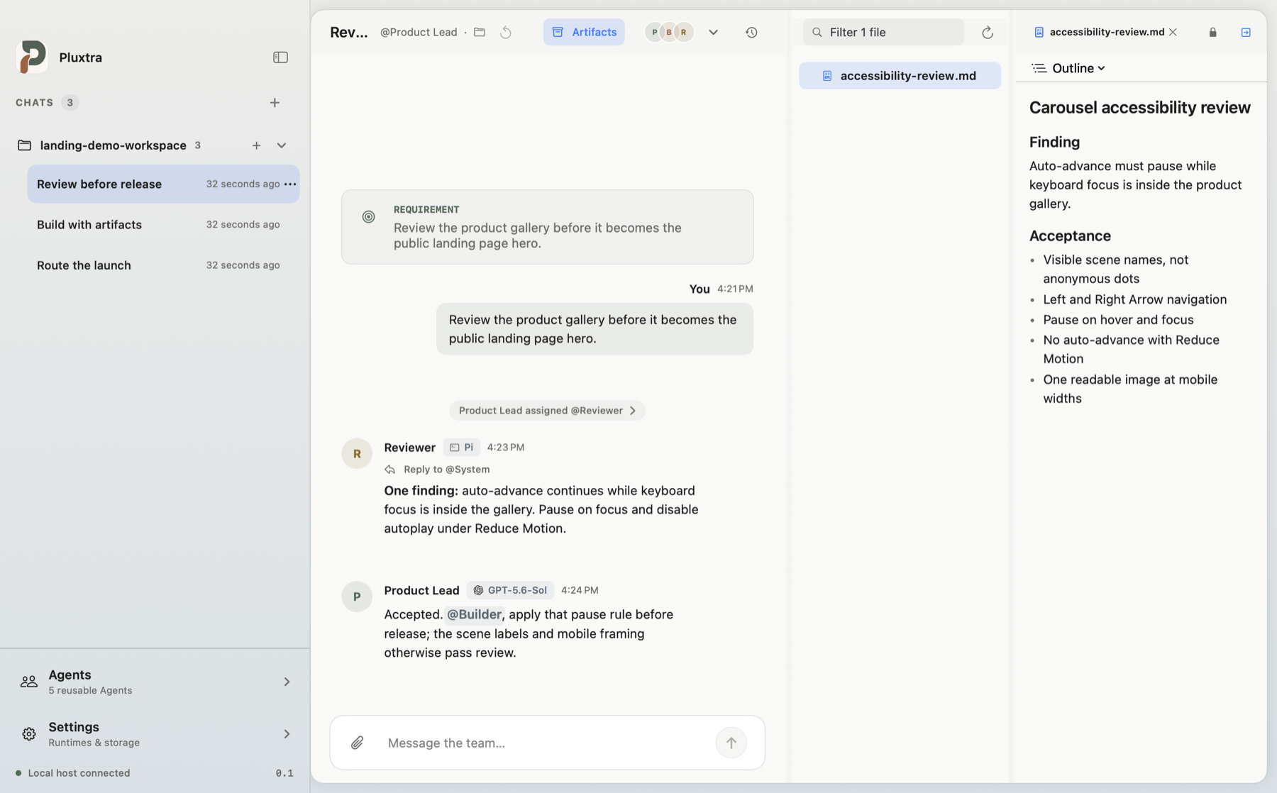 Pluxtra showing a Pi Reviewer finding and its Markdown acceptance note