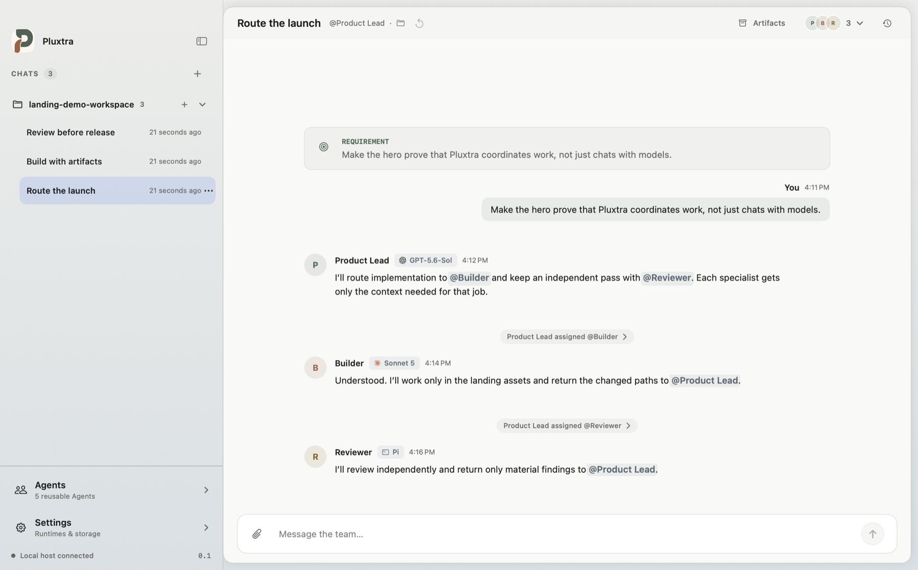 Pluxtra showing a Product Lead assigning bounded work to a Builder and Reviewer